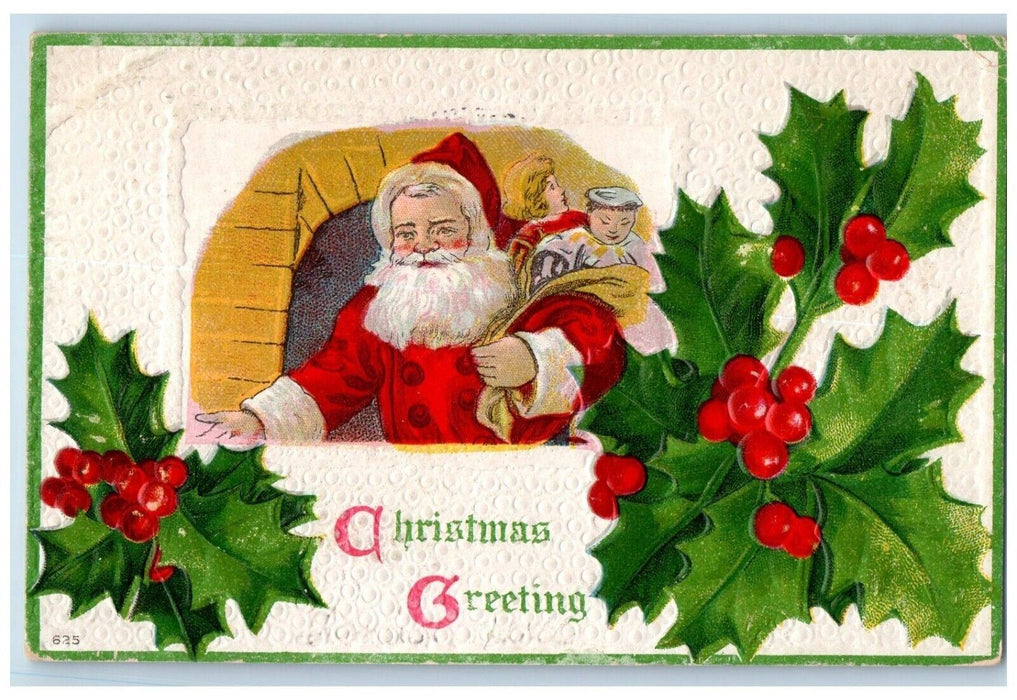 1910 Christmas Greetings Santa Claus Sack Of Toys Chinese Doll Berries Postcard