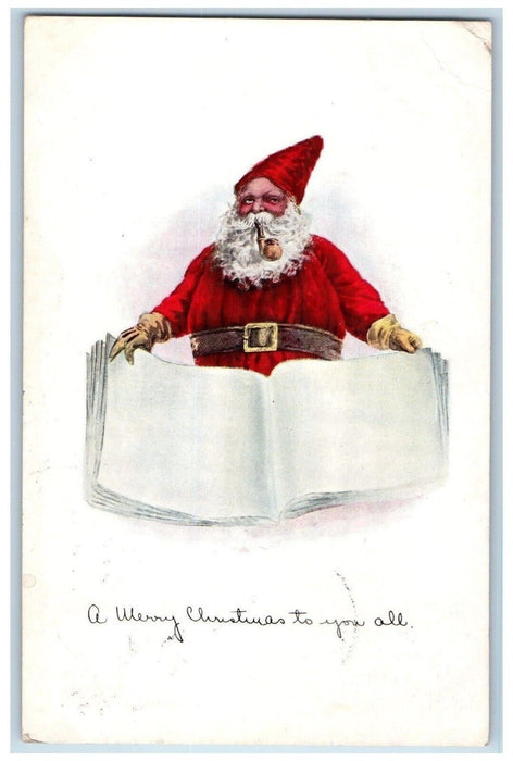 1914 Christmas Santa Claus Pipe Book Belfast New York NY Posted Antique Postcard