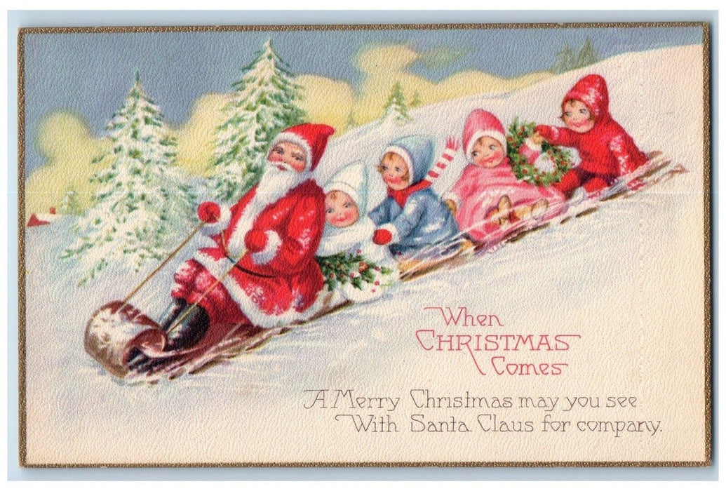 c1910's Christmas Santa Claus And Childrens Sledding Berries Winter Postcard
