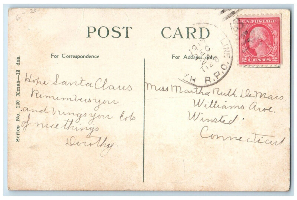 1917 Christmas Wishes Little Boy Dog Sledding Winter RPO Antique Postcard