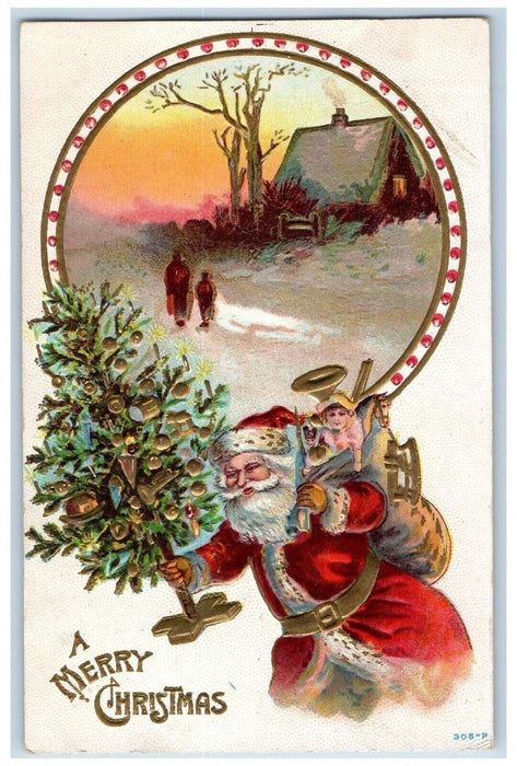 c1910's Christmas Tree Santa Claus Sack Of Toys Winter Embossed Antique Postcard