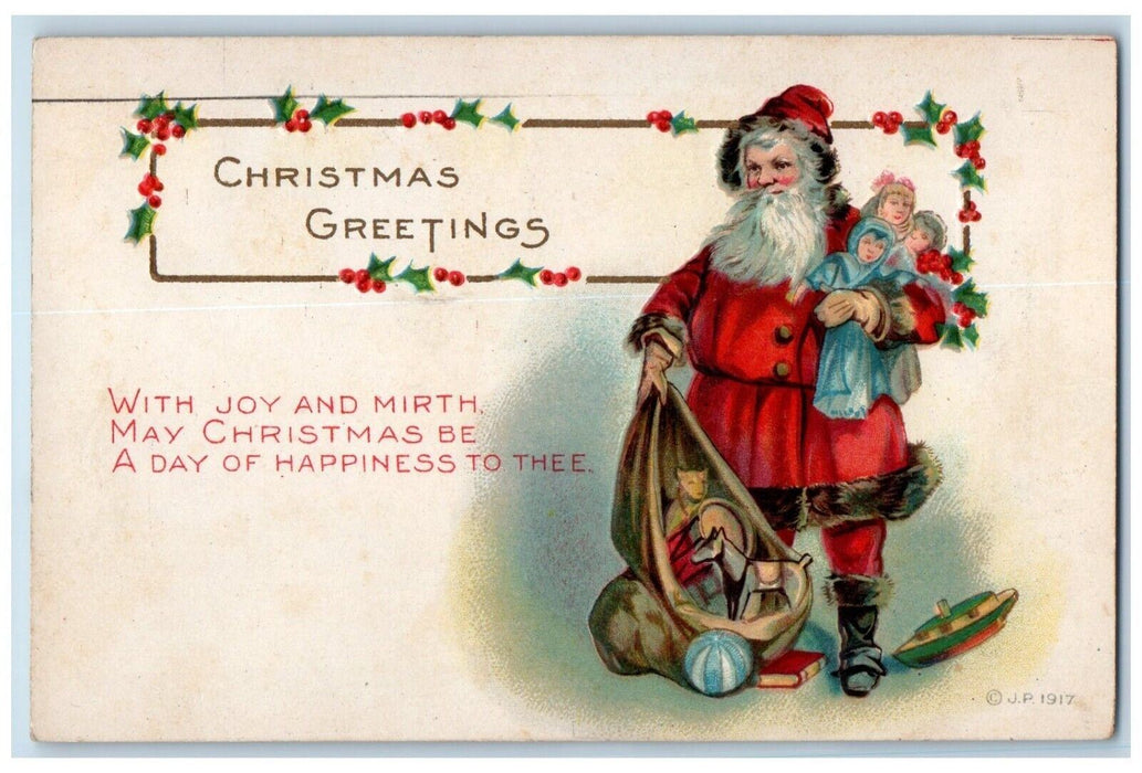 1918 Christmas Greetings Santa Claus Sack Of Toys Dolls Embossed Posted Postcard