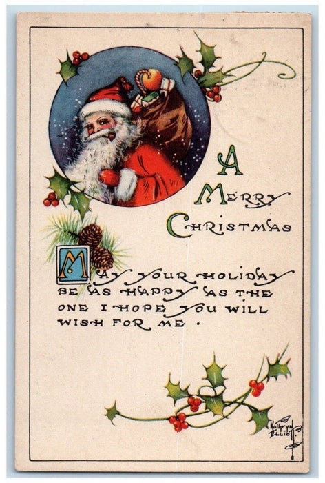 1917 Christmas Santa Claus Sack Of Toys Berries Kathryn Elliott Antique Postcard
