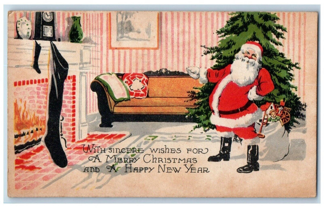 1921 Christmas And New Year Santa Claus Sack Of Toys Hanging Stockings Postcard