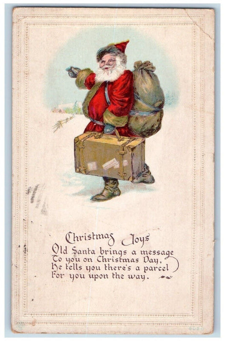 c1910's Christmas Joys Santa Claus Delivering Toys Embossed Antique Postcard