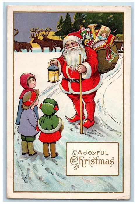 1917 Christmas Santa Claus Holding Lantern Sack Of Toys Children Winter Postcard