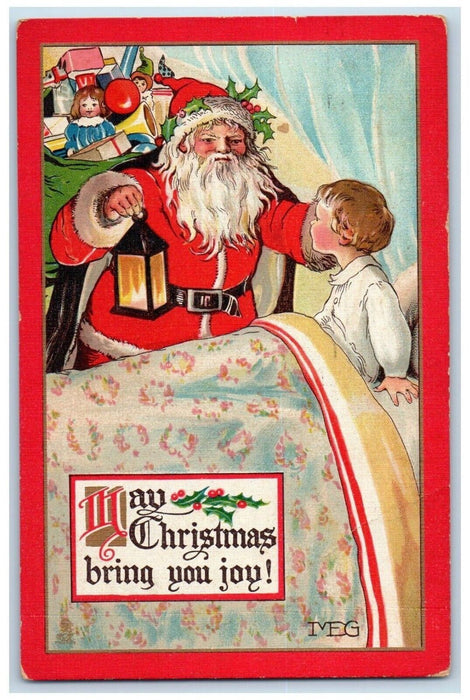 1913 Christmas Santa Claus Lantern Sack Of Toys Boy In Bed Tuck's Postcard