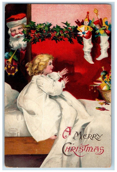 Christmas Santa Claus Girl Hanging Stockings Full Of Toys Clapsaddle Postcard
