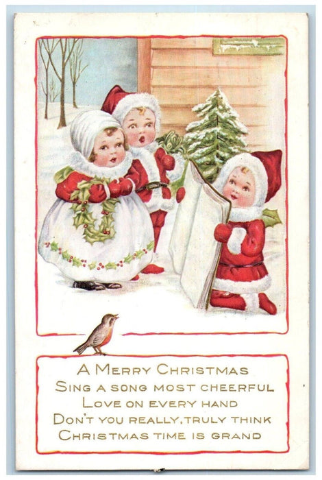 c1910's Christmas Children Caroling Song Bird Winter Berries Embossed Postcard