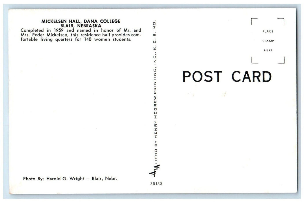 c1959 Mickelsen Hall Peder Exterior Garden Dana College Blair Nebraska Postcard