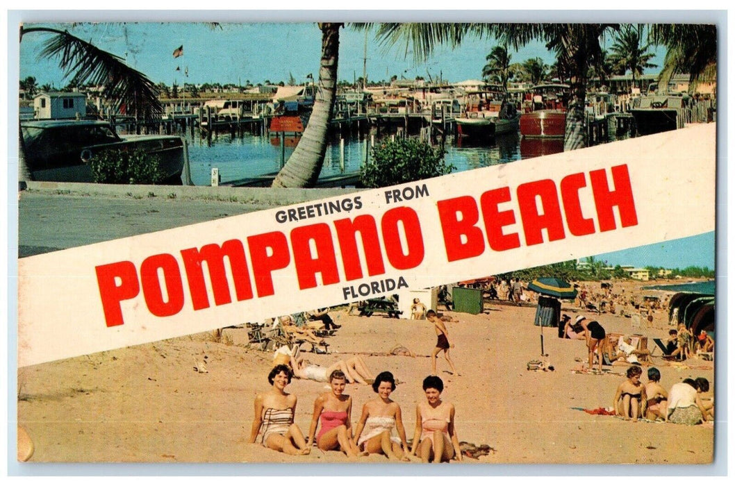 1965 Greetings From Pompano Beach Florida FL Big Large Letters Swimsuit Postcard