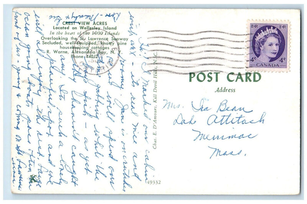 1967 Crest View Acres Wellesley Island St. Lawrence Alexandria Bay NY Postcard