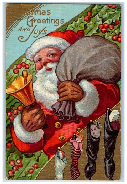 Christmas Greetings Santa Claus Sack Of Toys Hanging Stockings Nash Postcard