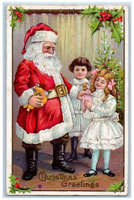 1914 Christmas Greetings Santa Claus Giving Toys Clown Jester Embossed Postcard
