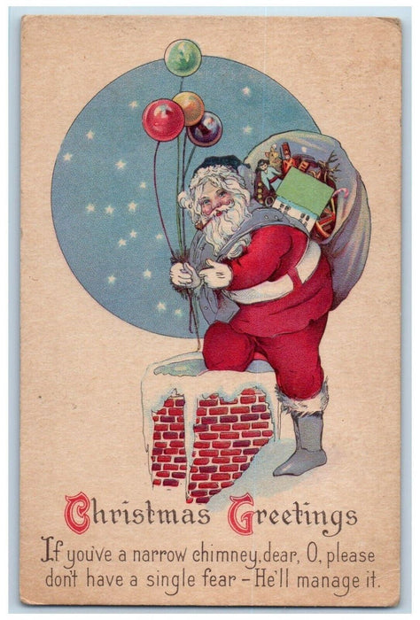 c1910's Christmas Greetings Santa Claus Sack Of Toys Chimney Granby CT Postcard