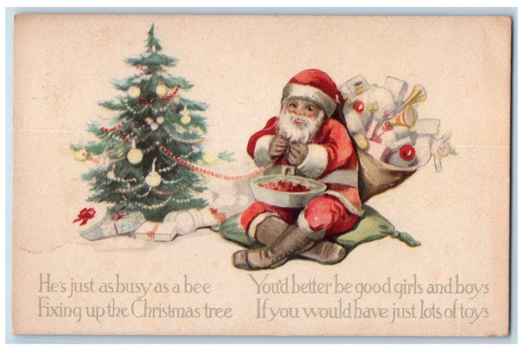 c1910's Christmas Tree Fixing Santa Claus Sack Of Toys Rockville CT Postcard