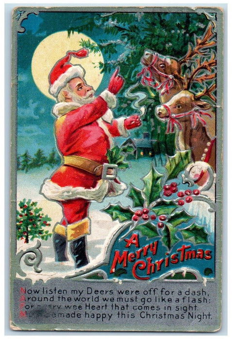 1908 Christmas Santa Claus And His Deers Holly Berries Nash Embossed  Postcard