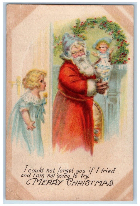 c1910's Christmas Santa Claus Giving Toy Doll Holly Berries Antique Postcard