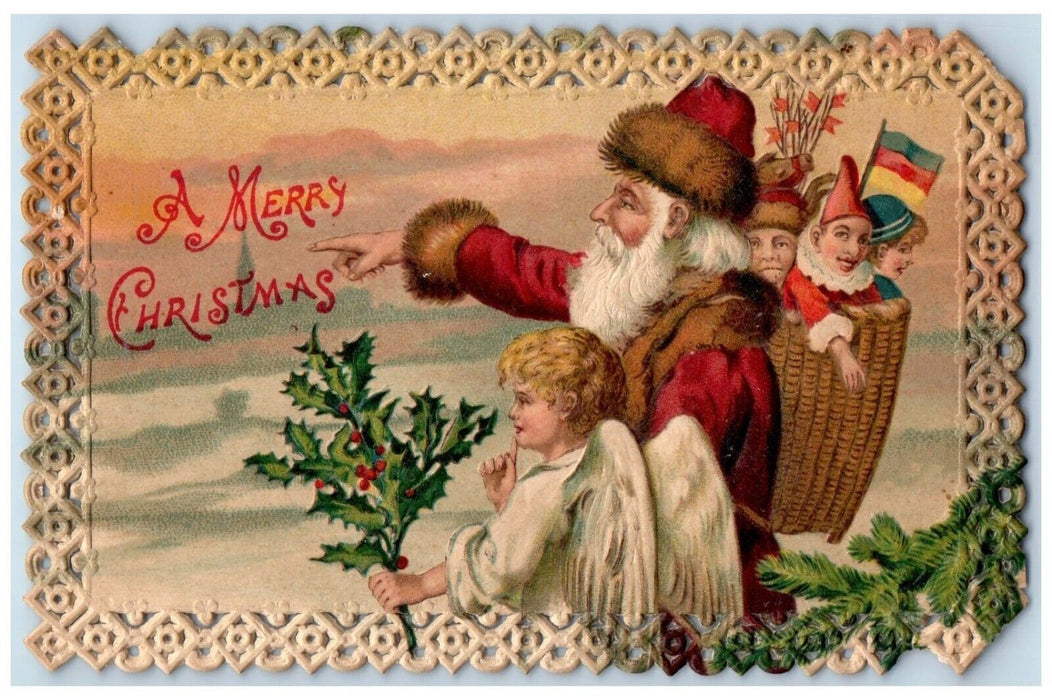 c1910's Christmas Santa Claus Toys In Basket Angel Berries Die Cut Postcard
