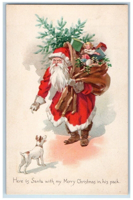 c1910's Christmas Santa Claus Sack Of Toys Terrier Dog Gibson Antique Postcard