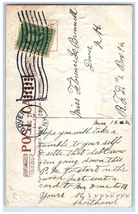 1908 Christmas Santa Claus Bank Cheque Holly Berries Embossed Dover NH Postcard