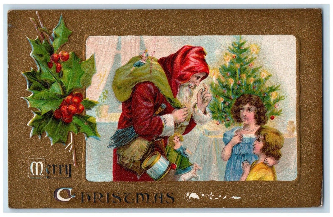 c1910s Christmas Tree Candle Lights Santa Claus Giving Toys To Children Postcard