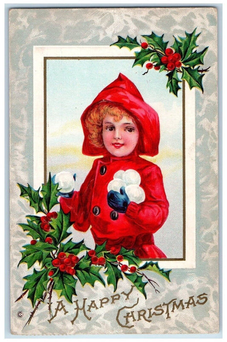 c1910's Christmas Boy Snowballs Holly Berries Embossed Posted Antique Postcard