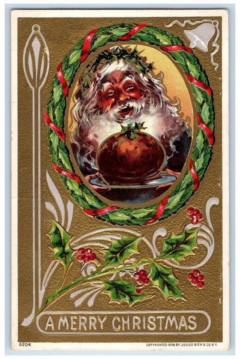 c1910's Merry Christmas Pie Holly Berries Whreat Embossed Antique Postcard