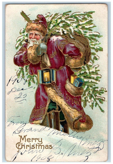 c1910's Christmas Brown Robe Santa Claus Carrying Pine Tree Embossed Postcard
