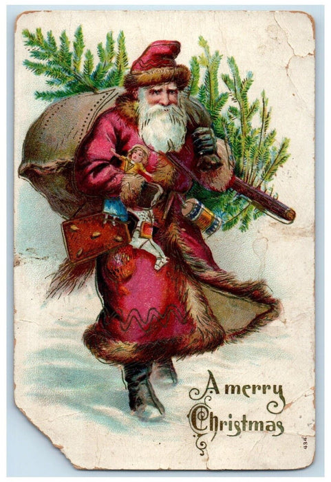 c1910's Christmas Santa Claus Carrying Pine Tree Sack Of Toys Embossed Postcard