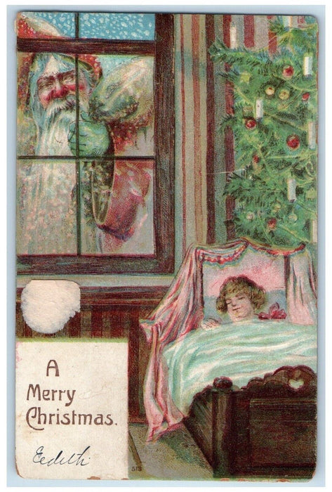 1906 Christmas Child Sleeping Santa Claus In Window Snowfalls Embossed Postcard