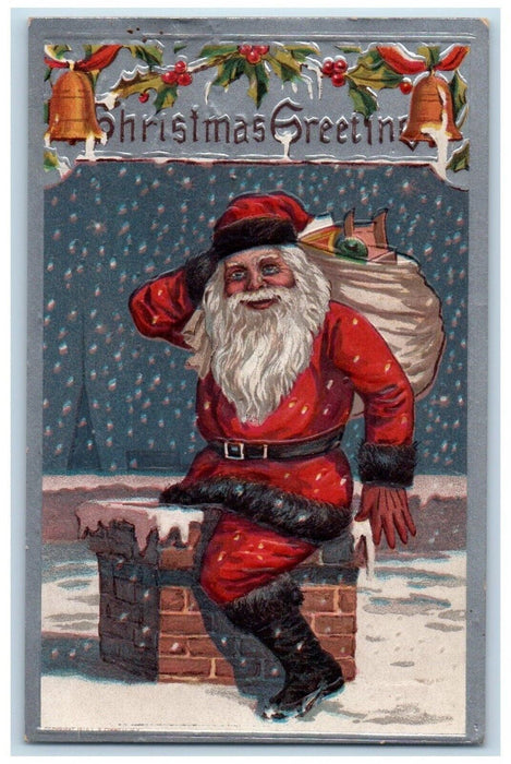 c1910's Christmas Greetings Santa Claus Sack Of Toys Going Down Chimney Postcard