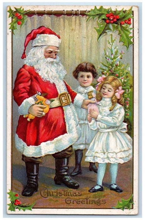 c1910's Christmas Greetings Santa Claus Giving Toys Present Berries Postcard