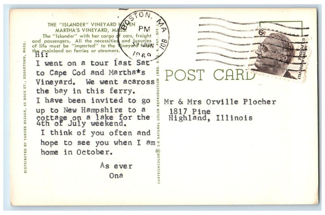 1969 Islander Vineyard Haven Martha's Steamer Vineyard Massachusetts MA Postcard