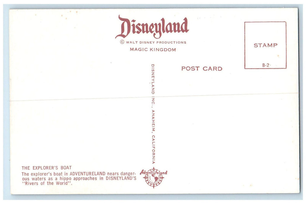 The Explorer's Boat Adventureland  Hippo Disneyland's River Anaheim CA Postcard
