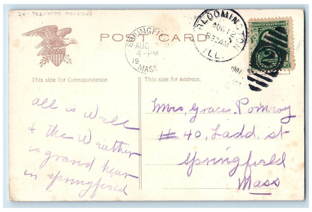 1907 Pre WWI Military Soldier American Flag Bloomington Illinois IL Postcard