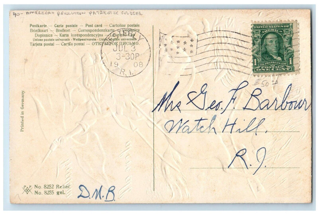 1908 American Revolution Patriotic Soldier Embossed American Flag Postcard
