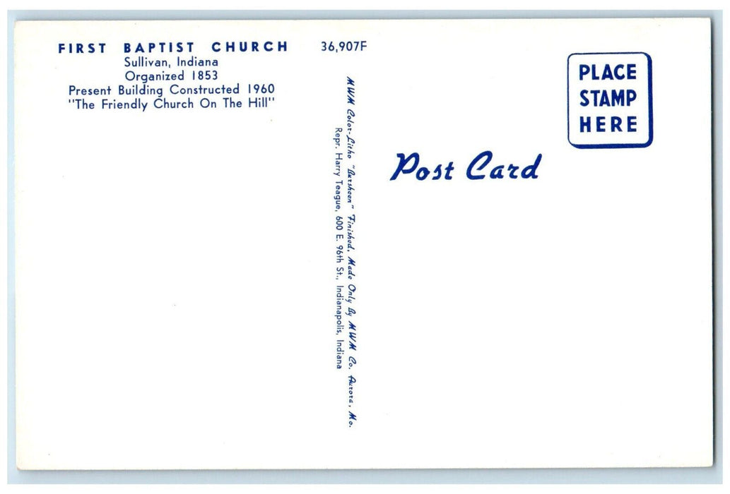c1960 First Baptist Church Friendly Church Hill Field Sullivan Indiana Postcard