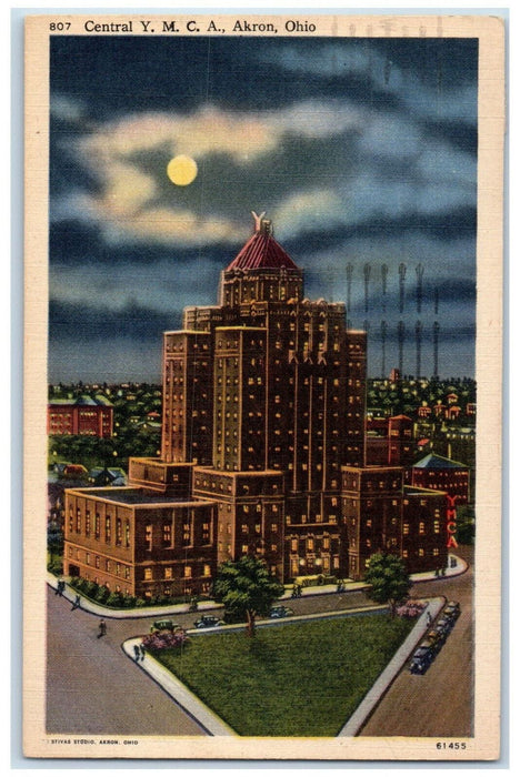 1952 Central Y.M.C.A. Building Moon Night Scene Akron Ohio OH Vintage Postcard