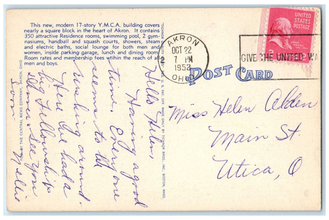 1952 Central Y.M.C.A. Building Moon Night Scene Akron Ohio OH Vintage Postcard