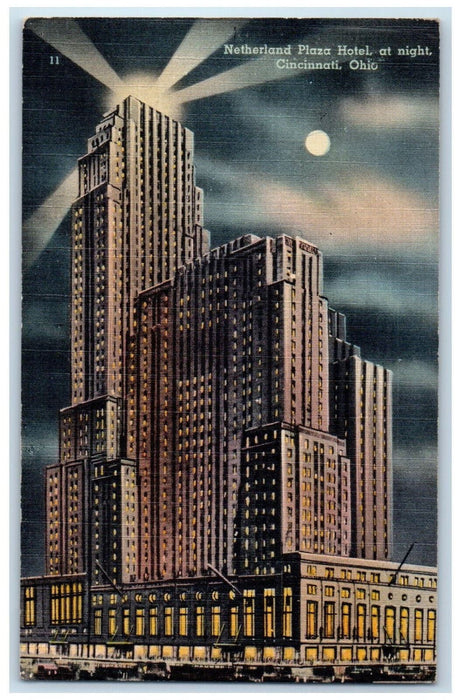 1945 Netherland Plaza Hotel Building At Moon Night Cincinnati Ohio OH Postcard