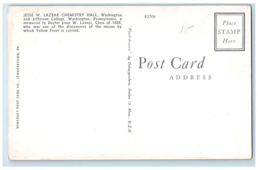 c1960 Jesse W. Lazear Chemistry Hall Washington Jefferson College PA Postcard
