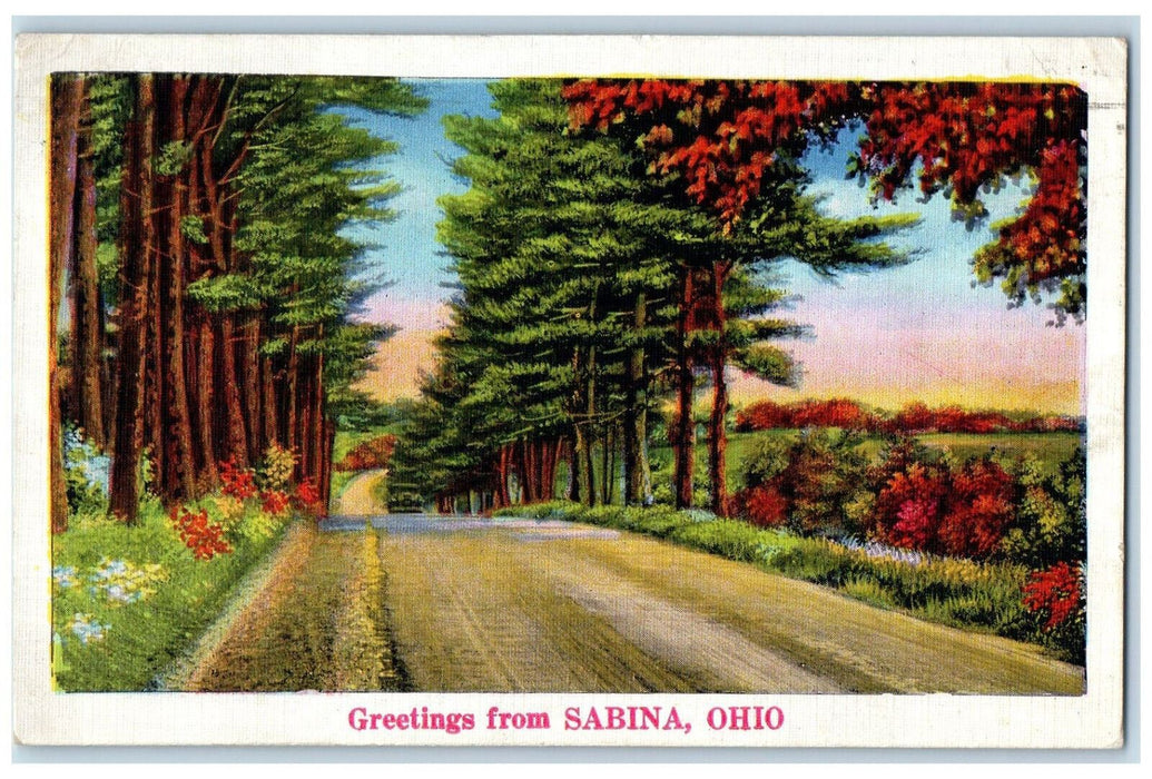 1938 Greetings From Sabina Ohio OH, Tree-lined Dirt Road Scene Vintage Postcard
