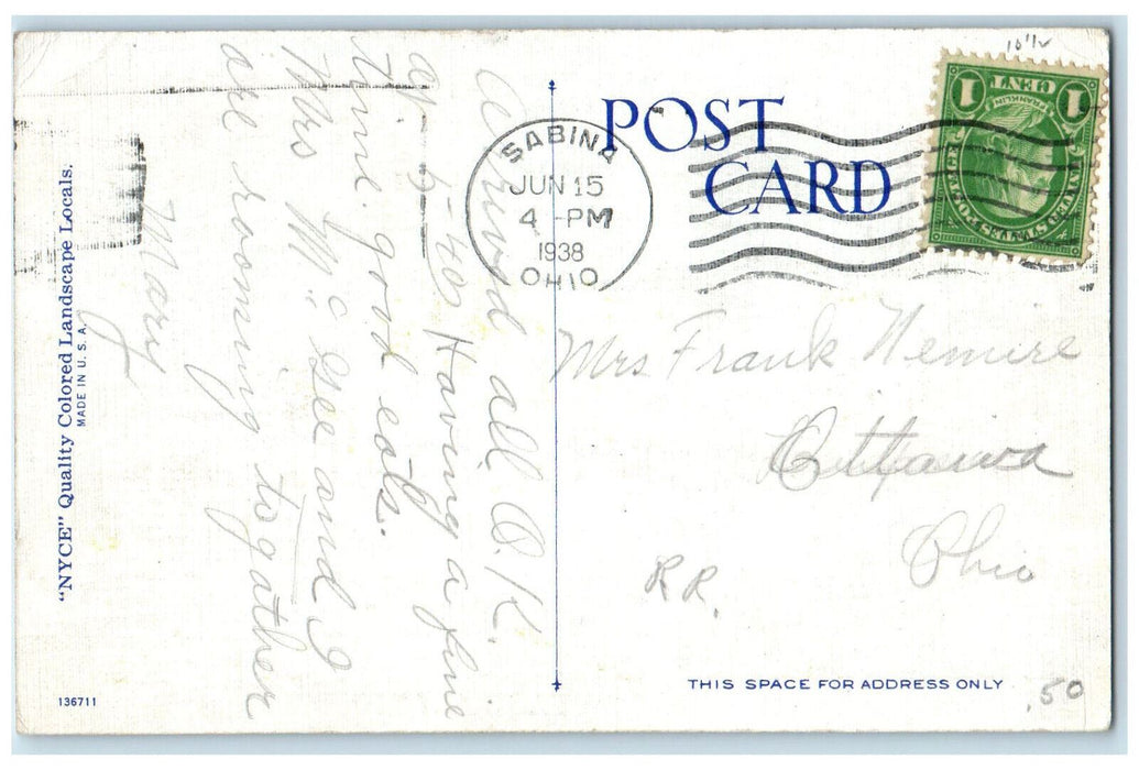 1938 Greetings From Sabina Ohio OH, Tree-lined Dirt Road Scene Vintage Postcard