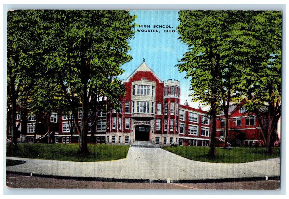 Panoramic View Of High School Wooster Ohio OH, Street Trees Showing Postcard