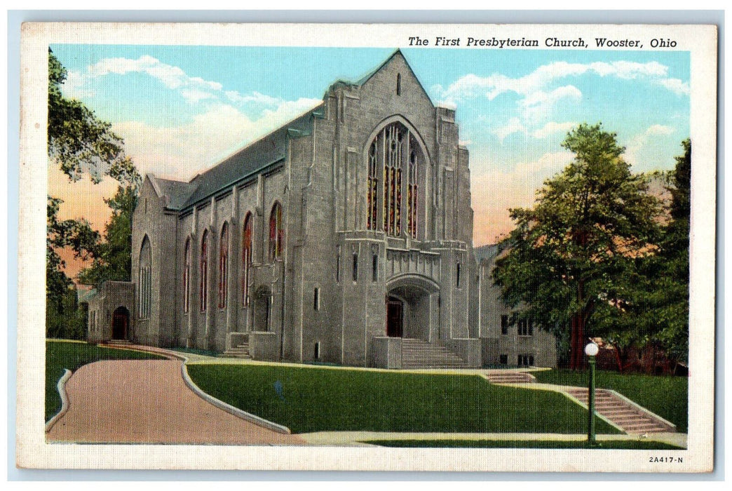 The First Presbyterian Church Exterior Scene Wooster Ohio OH Vintage Postcard