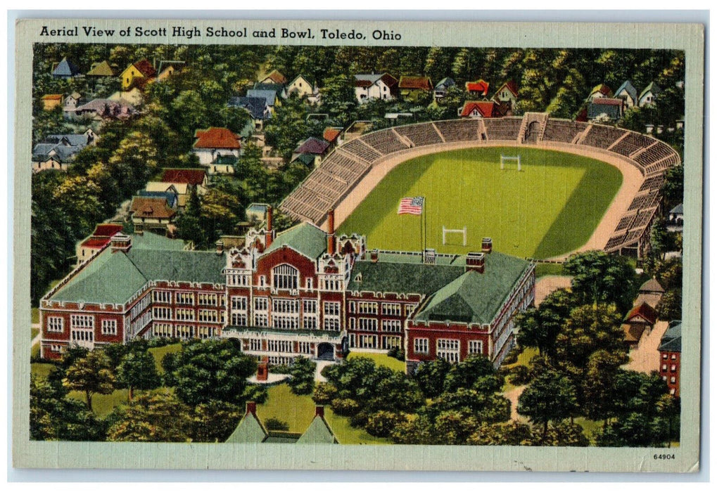 1942 Aerial View Of Scott High School And Bowl Toledo Ohio OH Vintage Postcard