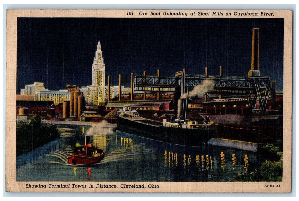 1947 Ore Boat Unloading Steel Mills  Ships Cuyahoga River Cleveland OH Postcard