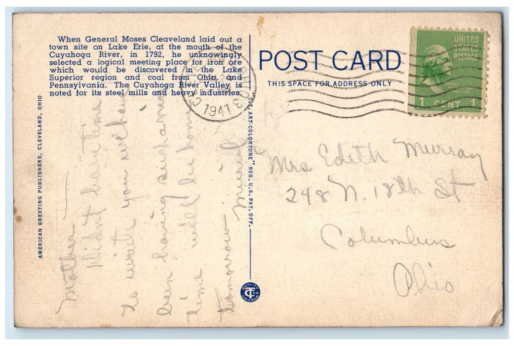 1947 Ore Boat Unloading Steel Mills  Ships Cuyahoga River Cleveland OH Postcard