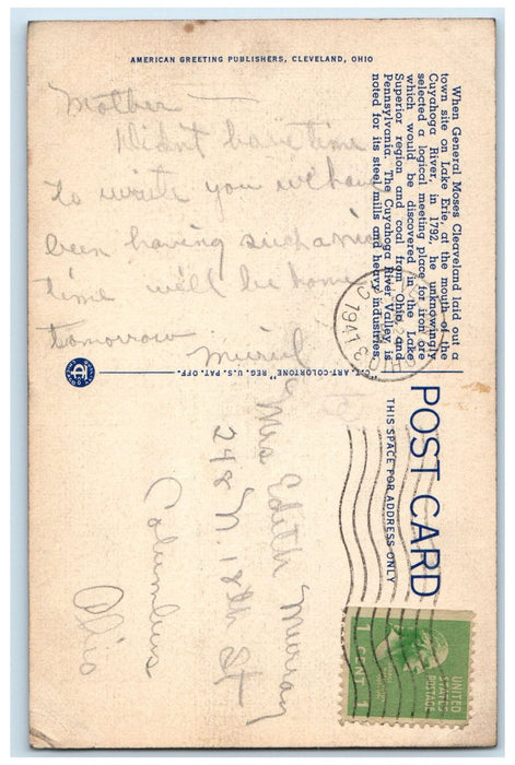1947 Ore Boat Unloading Steel Mills  Ships Cuyahoga River Cleveland OH Postcard